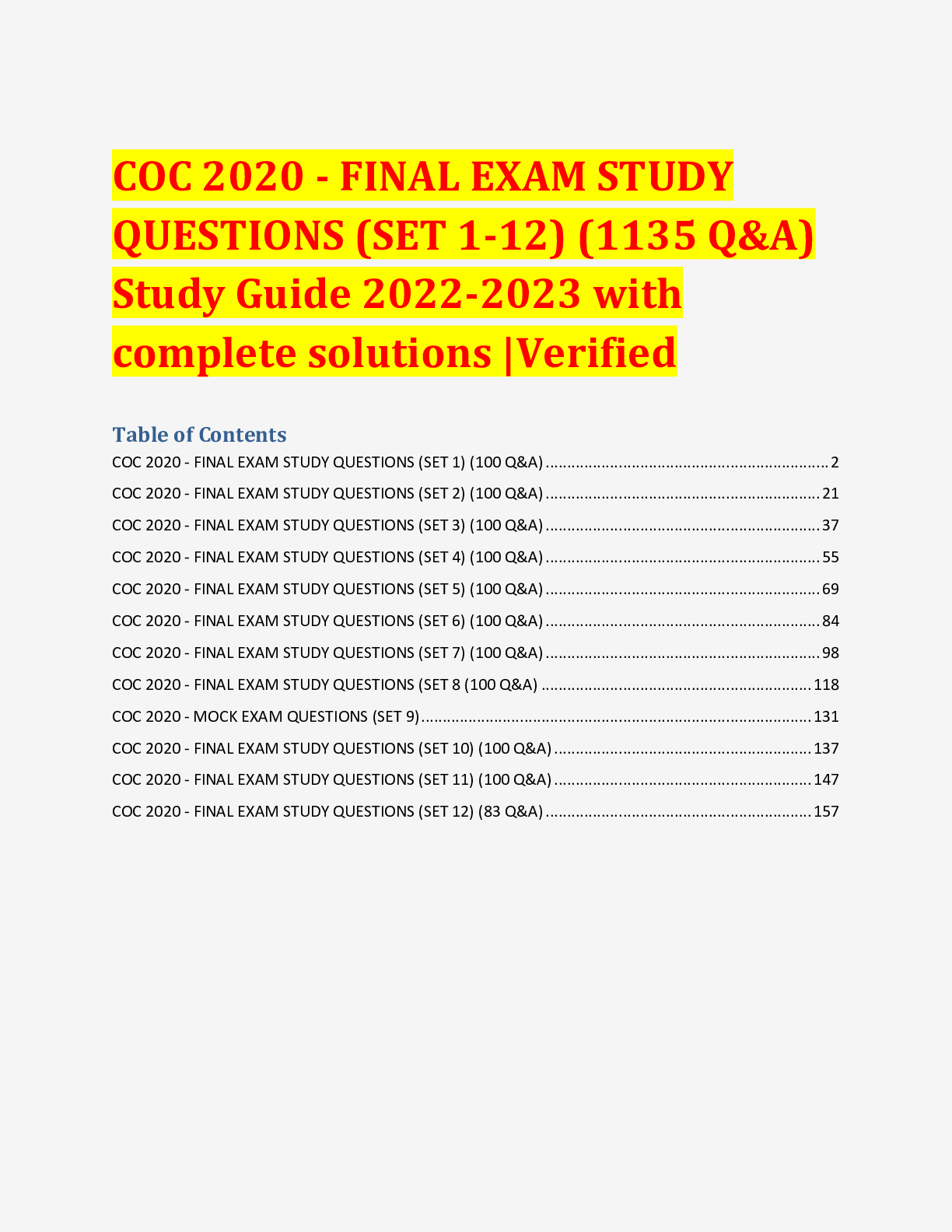 Preview of COC 2020 - FINAL EXAM STUDY QUESTIONS (SET 1-12) (1135 Q&A) Study Guide 2022-2023 with com